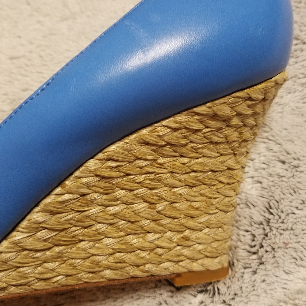 LK Bennett Blue Leather Peep-Toe Wedge Espadrilles - Picture 7 of 8